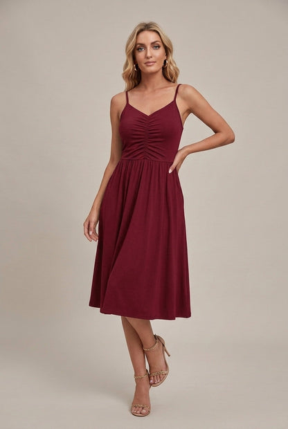 Women's Sleeveless Ruched Bodice V-Neck Midi Dress