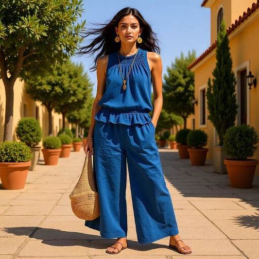 Women's Sleeveless Ruffle Wide Leg Pants Two Piece Set Cotton Linen Casual Summer Beach Outfit - Seldom Seen Styles