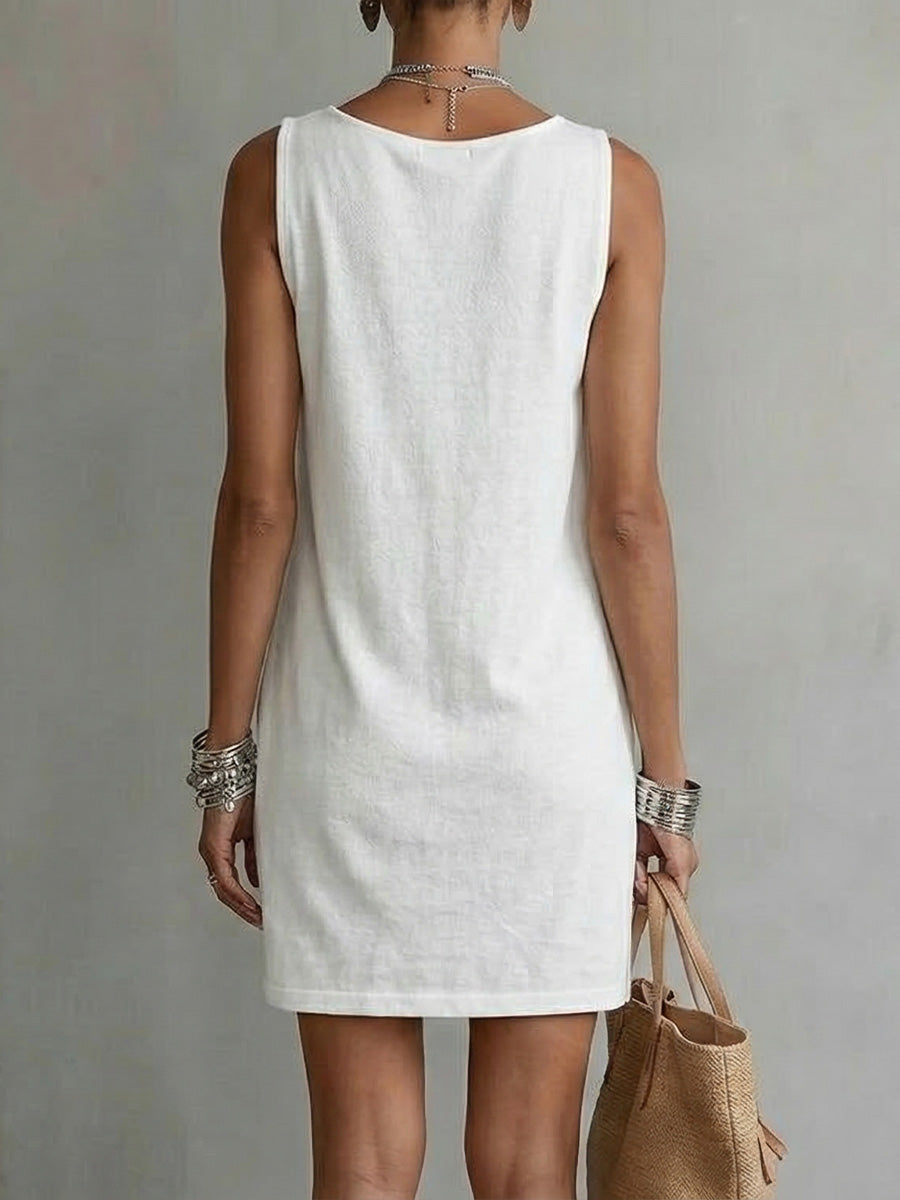Women's Sleeveless Shift Dress Draped Neck Loose Fit Casual Mini Dress with Pockets - Seldom Seen Styles