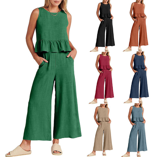 Women's Sleeveless Two Piece Pants Set Casual Ruffle Hem Top and Wide Leg Cropped Pants Matching Summer Outfit - Seldom Seen Styles