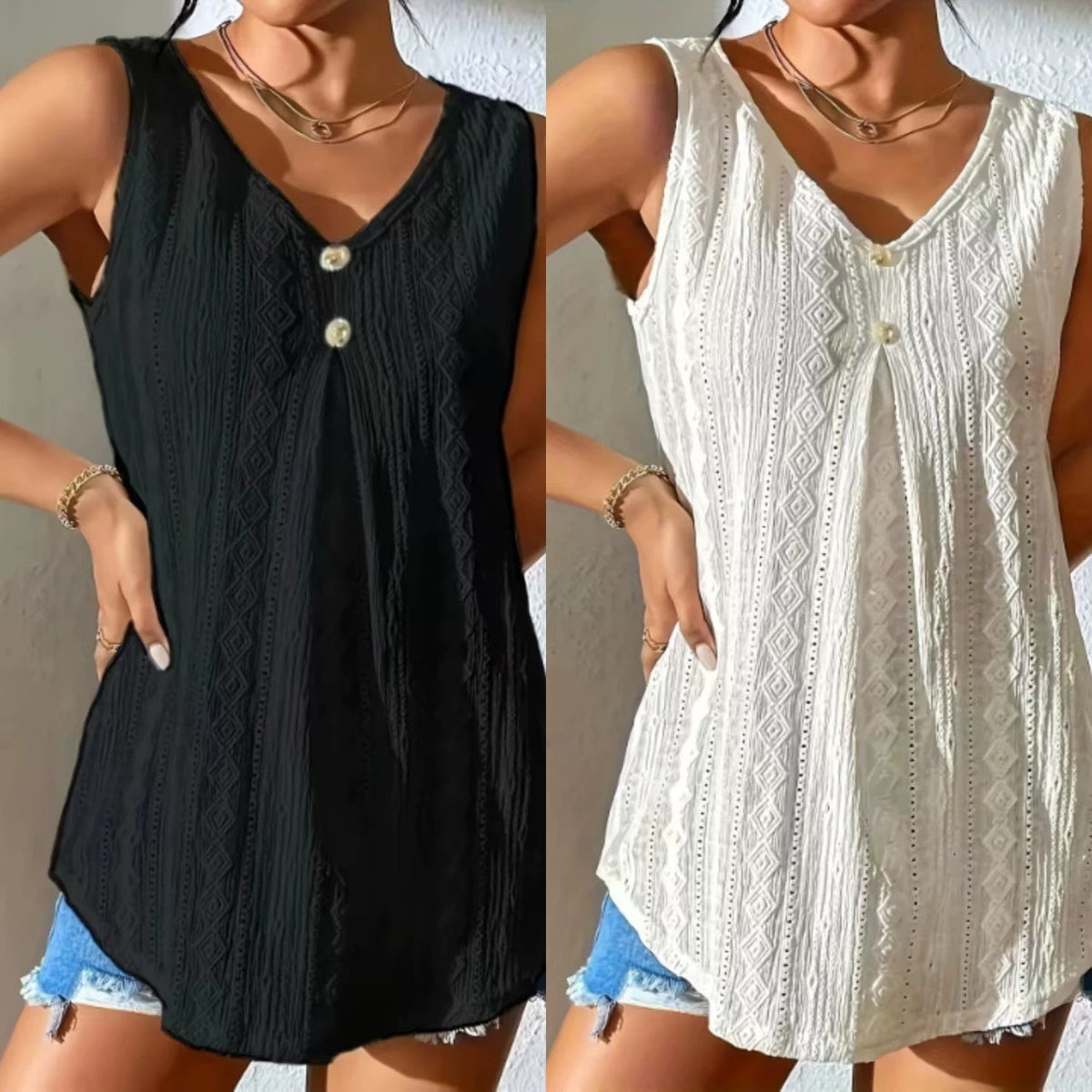 Women's Sleeveless V Neck Lace Tank Top Button Front Boho Blouse Loose Fit Summer Tunic Top - Seldom Seen Styles