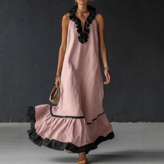 Women's Sleeveless V-Neck Ruffle Maxi Dress Loose Casual Summer Beach Vacation Long Vest Dress - Seldom Seen Styles