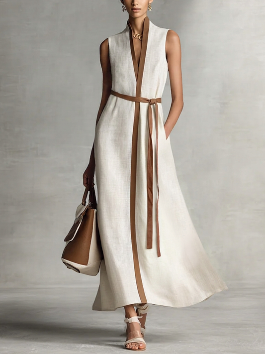 Women's Sleeveless V-Neck Tie-Waist Cotton Linen Maxi Dress MDZ1153B7BA - Seldom Seen Styles