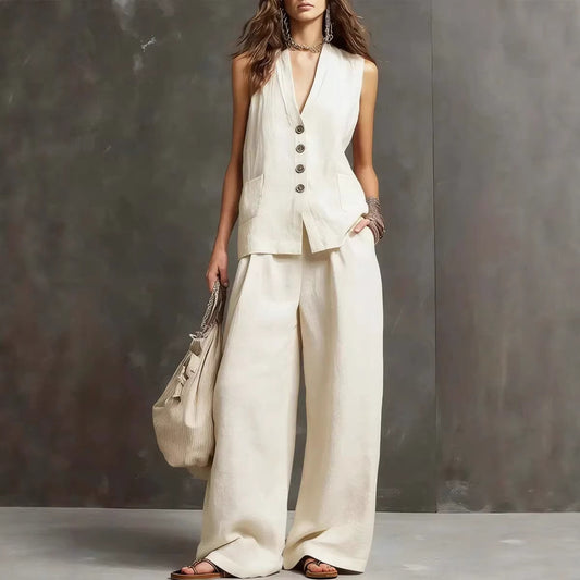 Women's Sleeveless Vest Wide Leg Pants Linen Two Piece Set Summer Casual Vacation Outfit - Seldom Seen Styles