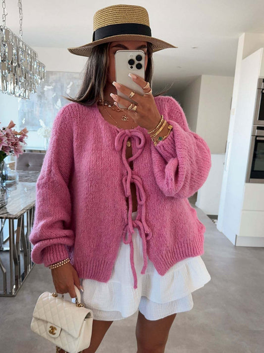 Women's Slouchy Solid Color Tie Front Drop Shoulder Lightweight Cardigan,Fashion Ladies' Knit Clothing for Daily Wear,Long Sleeve Cardigans for Fall & Winter - Seldom Seen Styles