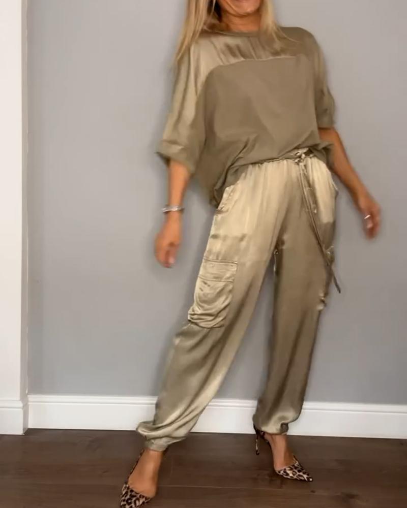 Women's Smooth Satin Half-sleeved Top and Pant Suit Two-piece - Seldom Seen Styles