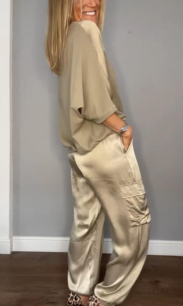 Women's Smooth Satin Half-sleeved Top and Pant Suit Two-piece - Seldom Seen Styles