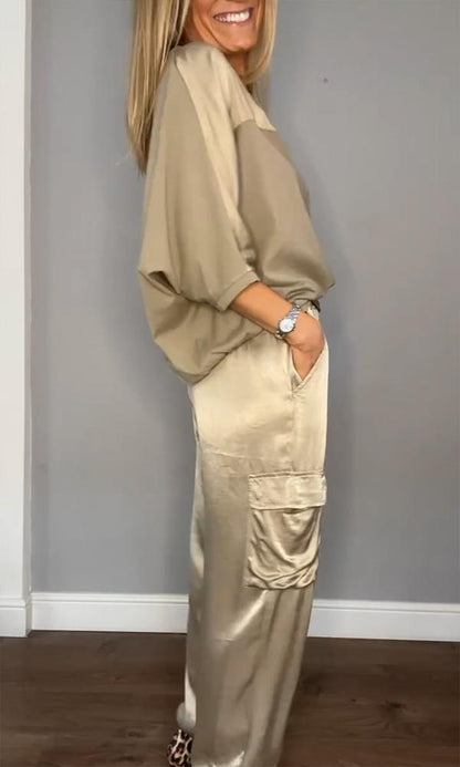 Damen-Anzug, zweiteilig, aus glattem Satin, halbärmliges Oberteil und Hose
