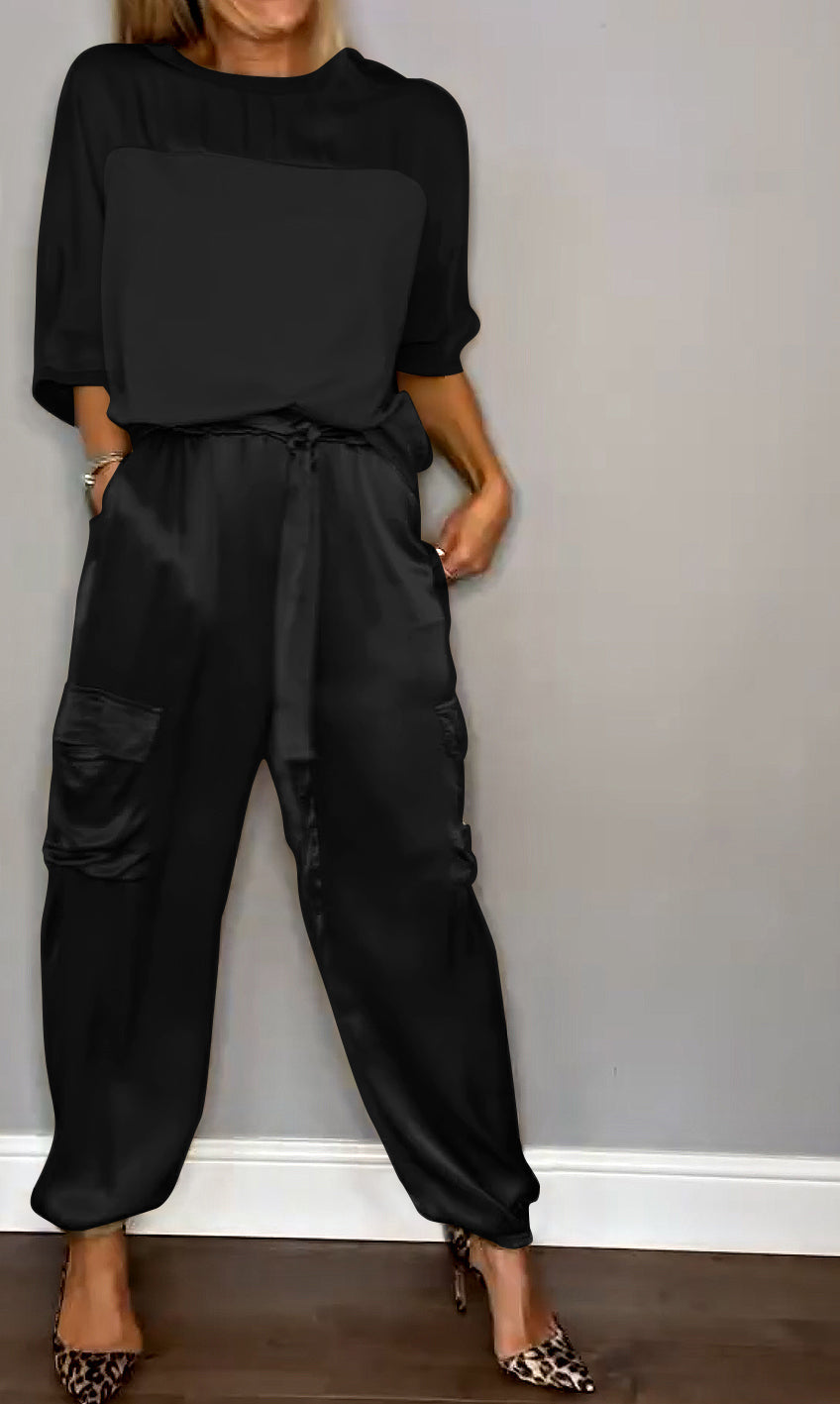 Women's Smooth Satin Half-sleeved Top and Pant Suit Two-piece - Seldom Seen Styles