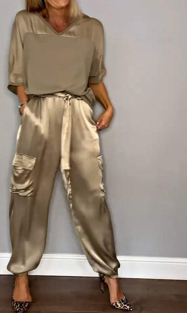 Women's Smooth Satin Half-sleeved Top and Pant Suit Two-piece - Seldom Seen Styles