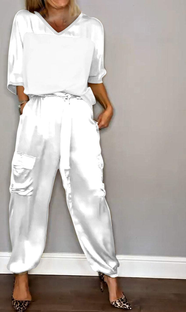 Women's Smooth Satin Half-sleeved Top and Pant Suit Two-piece - Seldom Seen Styles