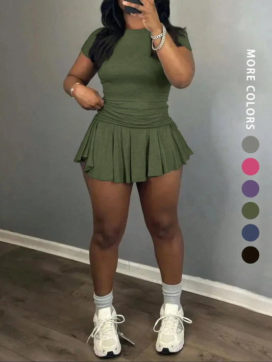 Women's Solid Color Basic Tee & Skort Two-Piece Set, Casual Short Sleeve T-Shirt & Skort for Daily Wear, Ladies Clothes for Summer - Seldom Seen Styles
