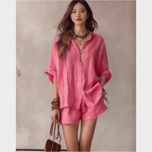 Women's Solid Color Loose Button Shirt Shorts Two Piece Set Casual Summer Outfit Fashion Suit - Seldom Seen Styles