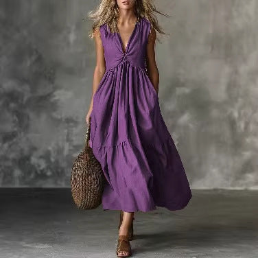 Women's Solid Color Sleeveless V-Neck Dress Elegant Casual Summer Vacation Midi Dress - Seldom Seen Styles
