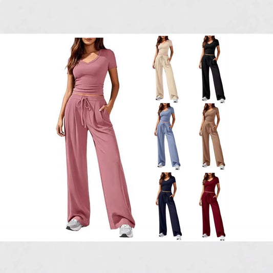 Women's Solid Color V-Neck Top Wide Leg Trousers Two Piece Set Casual Summer Vacation Outfit - Seldom Seen Styles