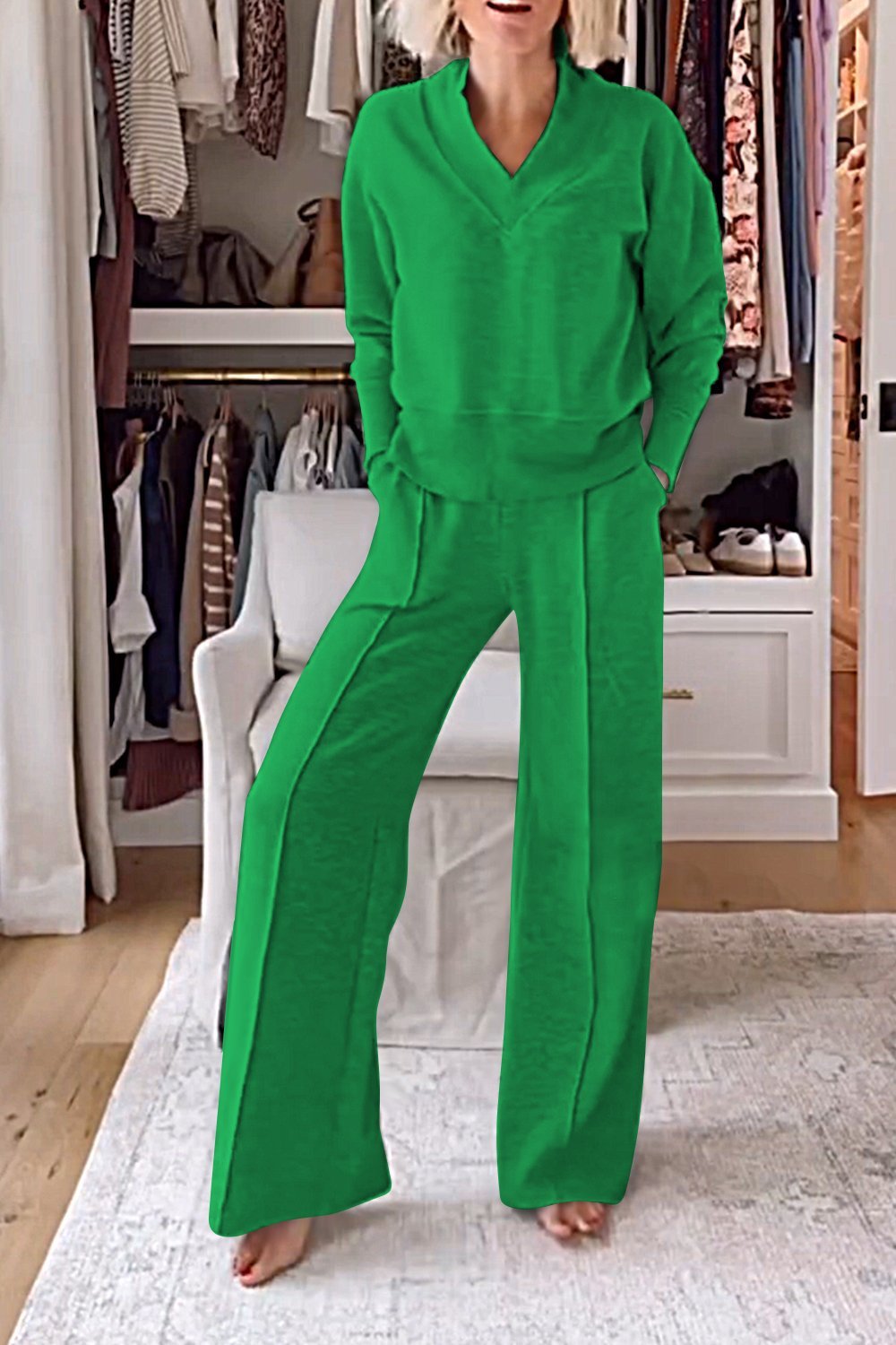 Women's Solid Color V-neck Top & Pants Two-piece Set - Seldom Seen Styles