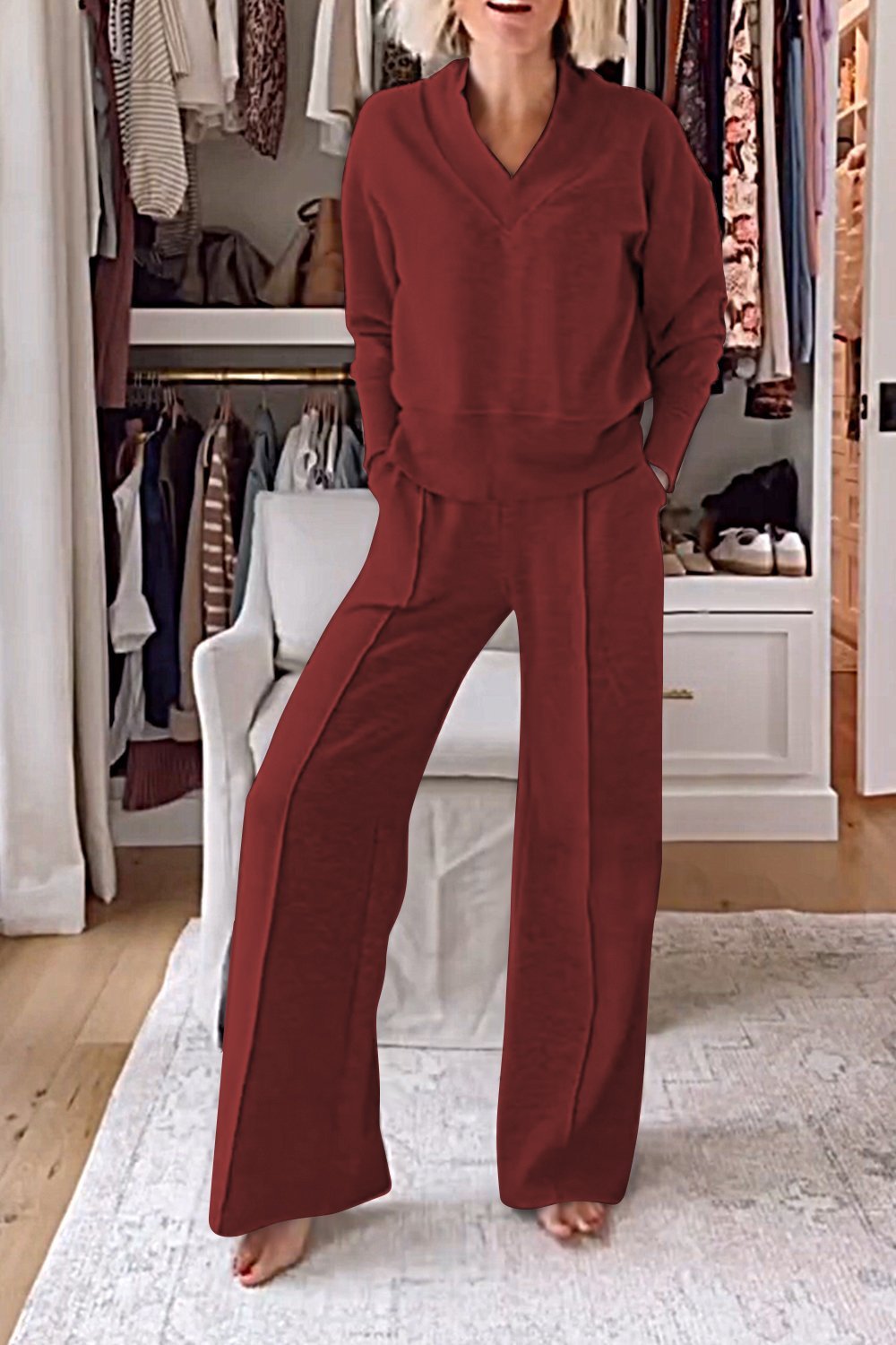 Women's Solid Color V-neck Top & Pants Two-piece Set - Seldom Seen Styles