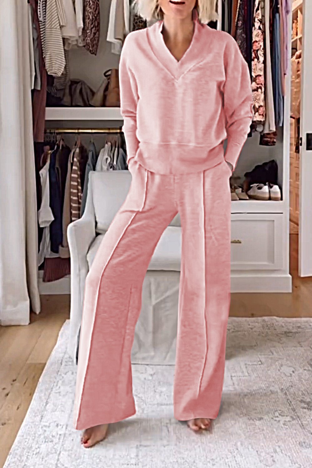 Women's Solid Color V-neck Top & Pants Two-piece Set - Seldom Seen Styles