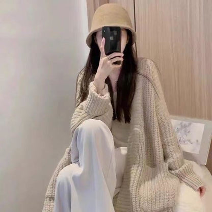 Lange Strickjacke mit überschnittenen Schultern für Damen, lässige Strickjacke mit langen Ärmeln und Taschen, Damenstrickwaren für den Alltag im Frühling und Herbst, Pullover für Damen, Strickmode für Damen