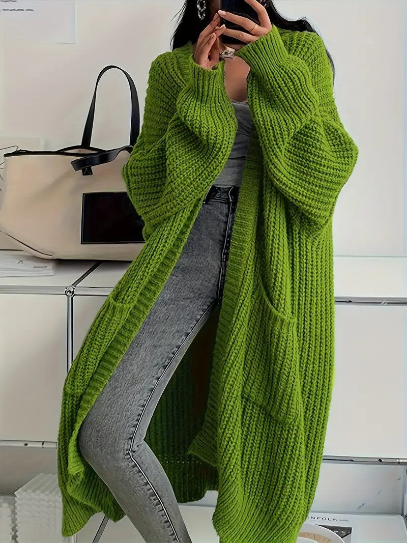 Women's Solid Drop Shoulder Long Cardigan, Casual Pocket Longsleeves Cardigan, Ladies Knitwear for Spring & Fall Daily Wear, Sweaters for Women, Knitting Womenswear - Seldom Seen Styles