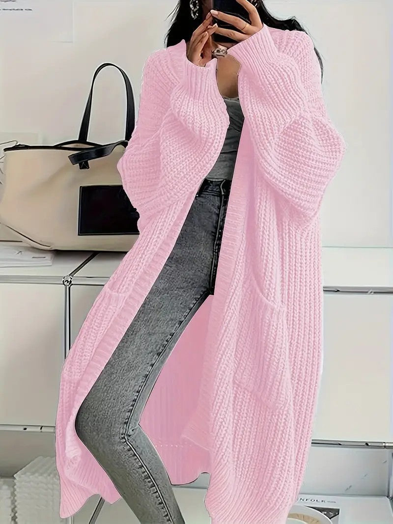 Women's Solid Drop Shoulder Long Cardigan, Casual Pocket Longsleeves Cardigan, Ladies Knitwear for Spring & Fall Daily Wear, Sweaters for Women, Knitting Womenswear - Seldom Seen Styles