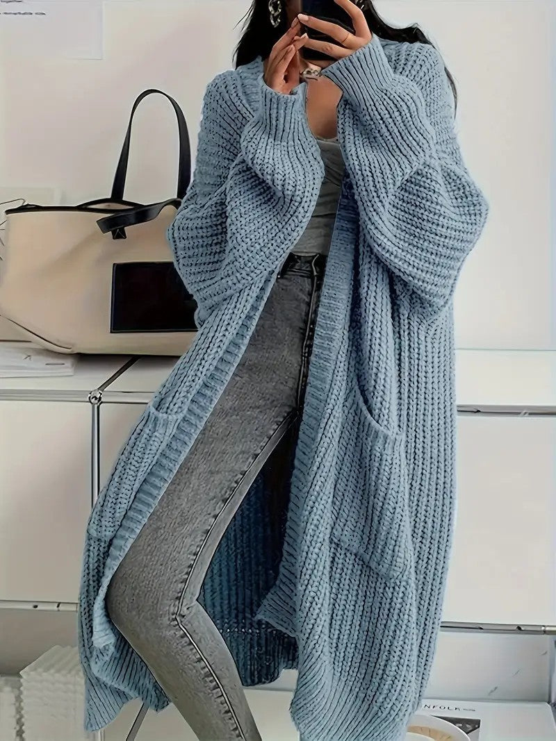 Women's Solid Drop Shoulder Long Cardigan, Casual Pocket Longsleeves Cardigan, Ladies Knitwear for Spring & Fall Daily Wear, Sweaters for Women, Knitting Womenswear - Seldom Seen Styles