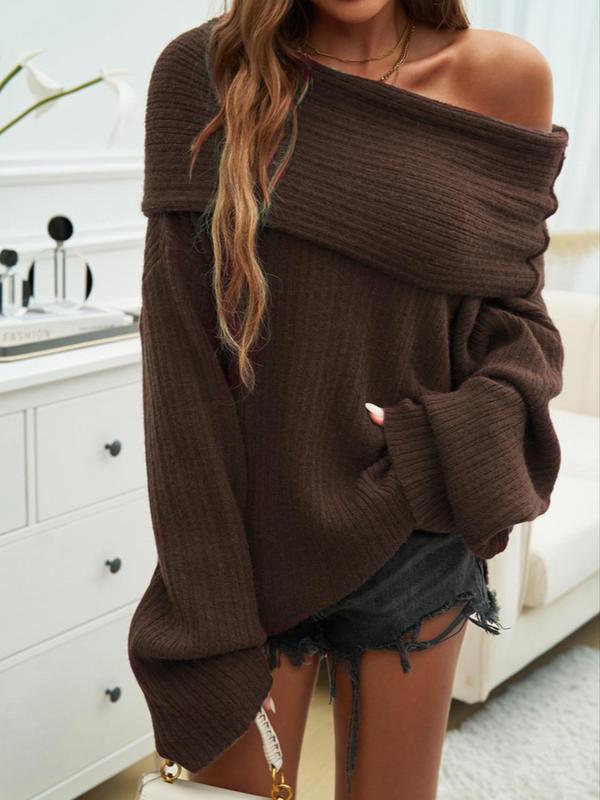 Women's Solid Off Shoulder Drop Shoulder Sweater, Elegant Fashion Casual Long Sleeve Knitting Jumper for Daily Outdoor Wear, Women Knitwear for Fall & Winter - Seldom Seen Styles