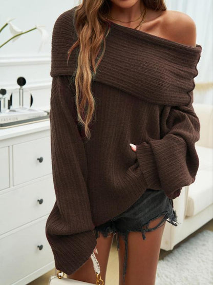Pull en maille unie à épaules dénudées pour femme, élégant, décontracté, à manches longues, pour le quotidien et les activités de plein air, tricot pour femme pour l'automne et l'hiver.