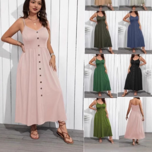 Women's Spaghetti Strap Maxi Dress Button Front Sundress Casual Summer Beach Dress Vacation Resort Wear - Seldom Seen Styles