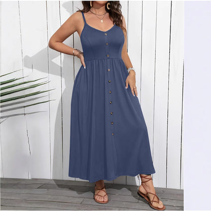 Women's Spaghetti Strap Maxi Dress Button Front Sundress Casual Summer Beach Dress Vacation Resort Wear