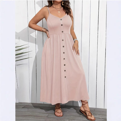 Women's Spaghetti Strap Maxi Dress Button Front Sundress Casual Summer Beach Dress Vacation Resort Wear