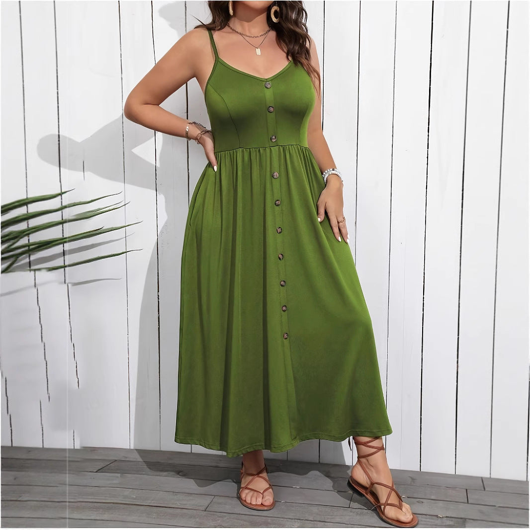 Women's Spaghetti Strap Maxi Dress Button Front Sundress Casual Summer Beach Dress Vacation Resort Wear - Seldom Seen Styles