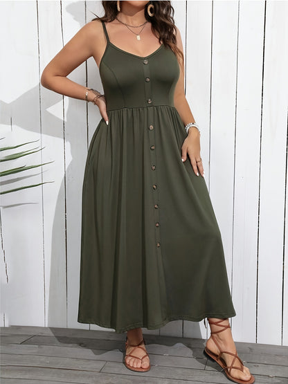 Women's Spaghetti Strap Maxi Dress Button Front Sundress Casual Summer Beach Dress Vacation Resort Wear
