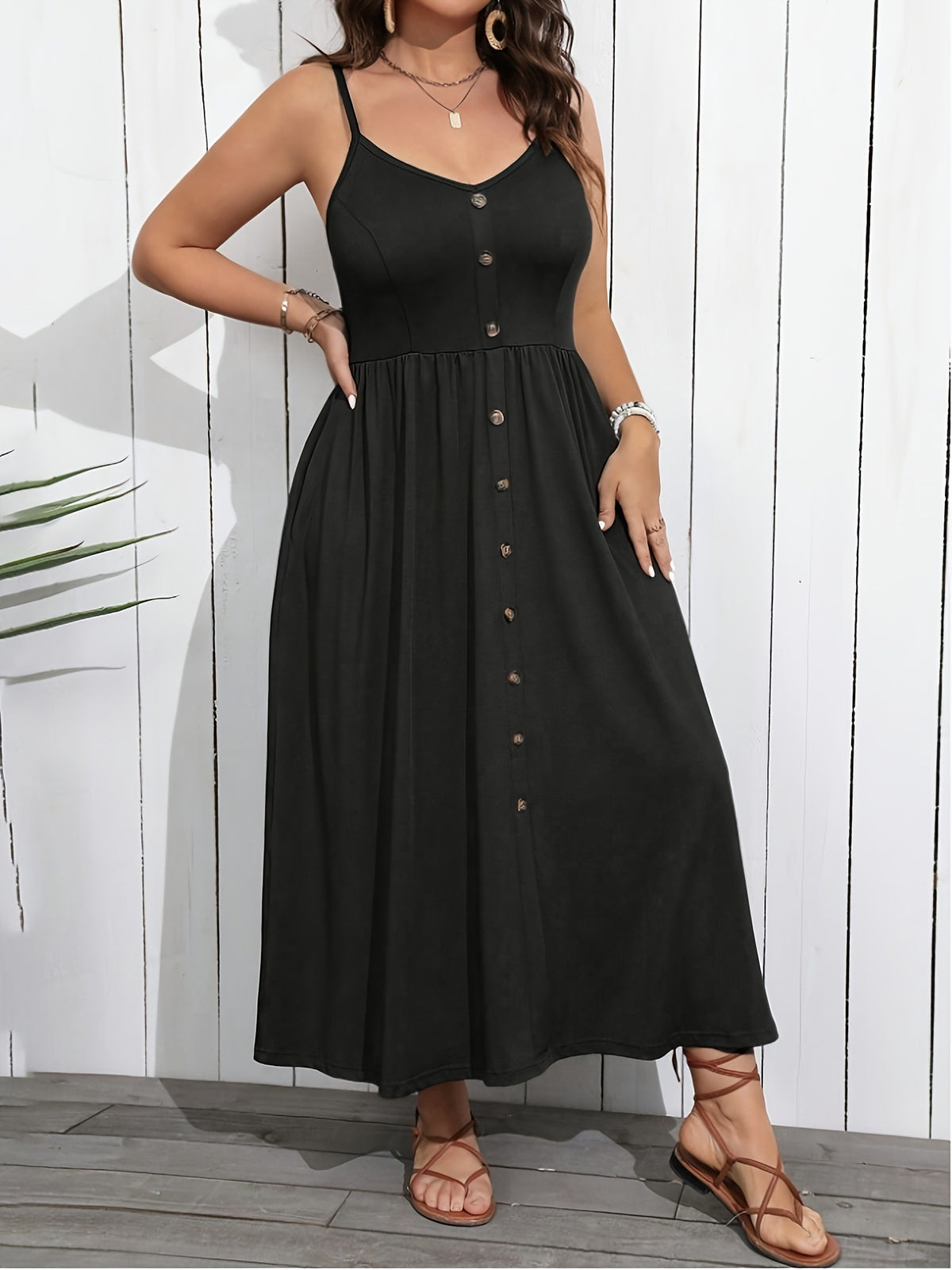Women's Spaghetti Strap Maxi Dress Button Front Sundress Casual Summer Beach Dress Vacation Resort Wear - Seldom Seen Styles
