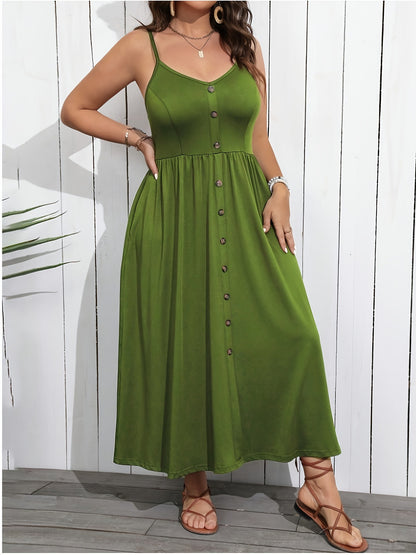 Women's Spaghetti Strap Maxi Dress Button Front Sundress Casual Summer Beach Dress Vacation Resort Wear