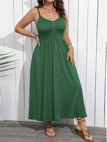 Women's Spaghetti Strap Maxi Dress Button Front Sundress Casual Summer Beach Dress Vacation Resort Wear
