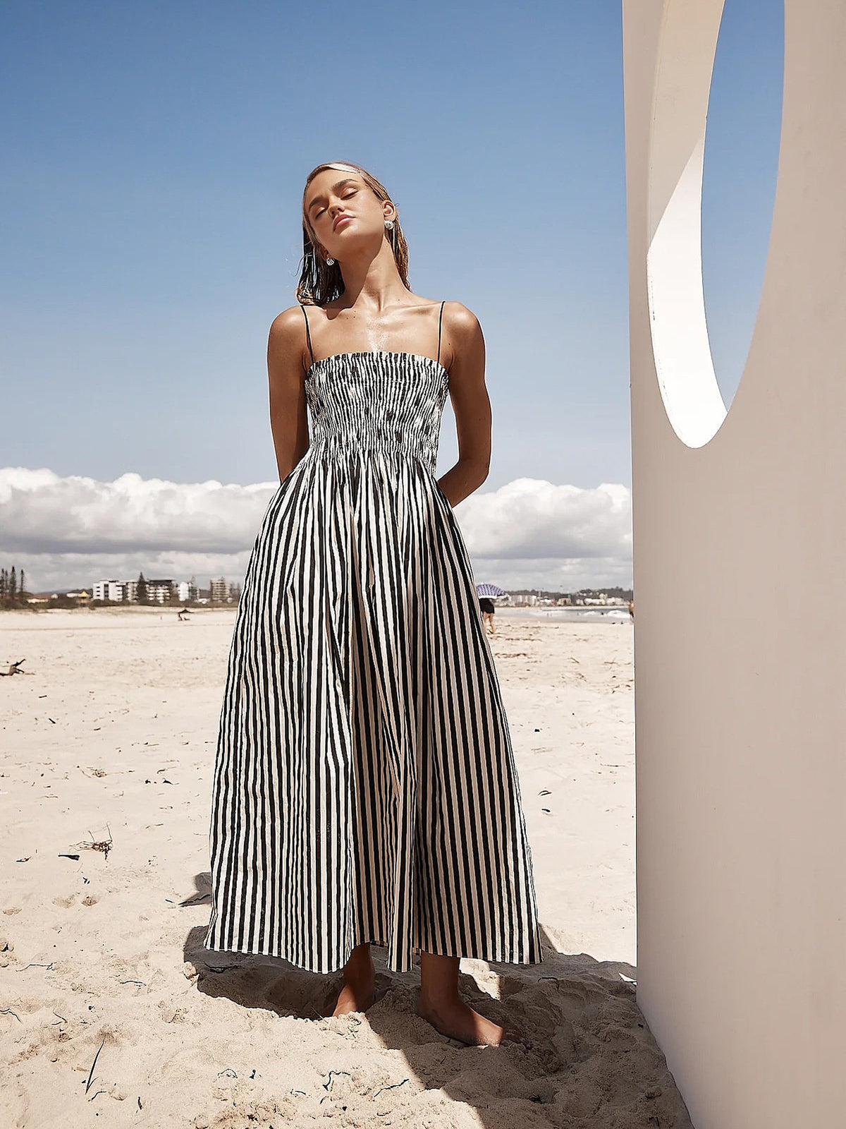 Women's Spaghetti Strap Smocked Pinstripe Maxi Dress - Seldom Seen Styles