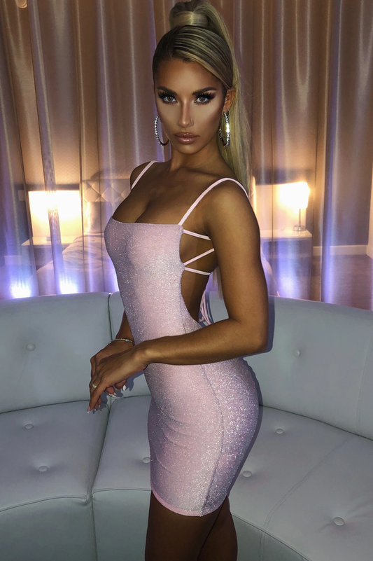Women's Sparkle Glitter Mini Dress Stretchy Lurex Bodycon Low V Back Tie-Up Adjustable Straps Double Layered Party Club Night Out Dress - Seldom Seen Styles