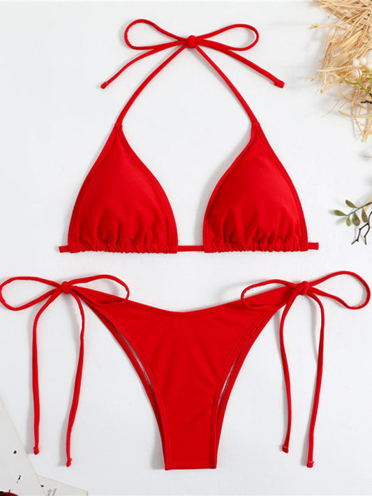 Women's Split Strap Triangle Bikini Set Solid Color Sexy Two Piece Swimsuit Beach Vacation Summer Swimwear - Seldom Seen Styles