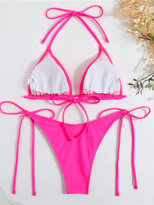 Women's Split Strap Triangle Bikini Set Solid Color Sexy Two Piece Swimsuit Beach Vacation Summer Swimwear - Seldom Seen Styles