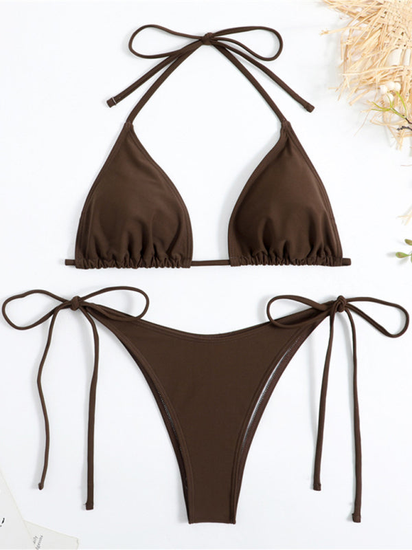 Women's Split Strap Triangle Bikini Set Solid Color Sexy Two Piece Swimsuit Beach Vacation Summer Swimwear - Seldom Seen Styles