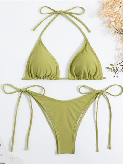 Women's Split Strap Triangle Bikini Set Solid Color Sexy Two Piece Swimsuit Beach Vacation Summer Swimwear