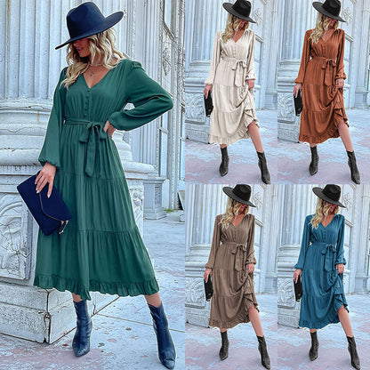 Robes de printemps pour femmes 2025, manches longues, col en V, boutonnée, ceinture, coupe trapèze, fluide, volants, maxi, chemise, poches