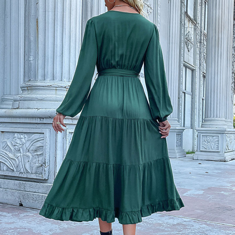 Women's Spring Dresses 2025 Long Sleeve V Neck Button Down Belted A-Line Flowy Ruffle Maxi Shirt Dress Pockets - Seldom Seen Styles