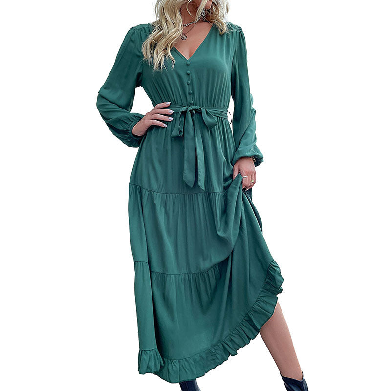 Women's Spring Dresses 2025 Long Sleeve V Neck Button Down Belted A-Line Flowy Ruffle Maxi Shirt Dress Pockets - Seldom Seen Styles