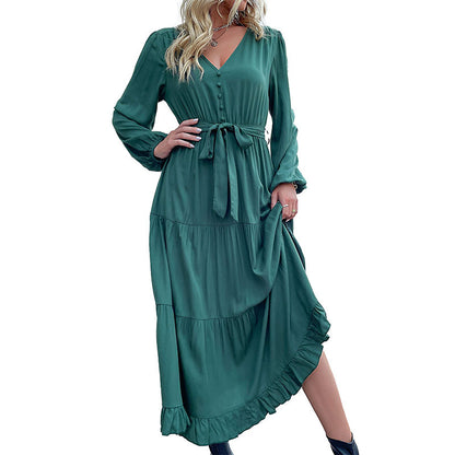 Robes de printemps pour femmes 2025, manches longues, col en V, boutonnée, ceinture, coupe trapèze, fluide, volants, maxi, chemise, poches