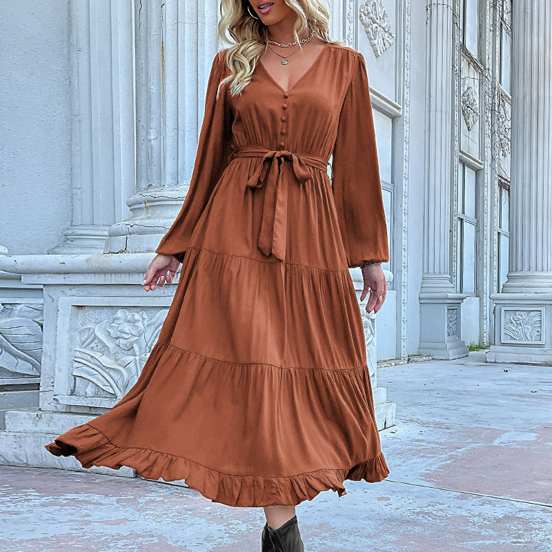 Women's Spring Dresses 2025 Long Sleeve V Neck Button Down Belted A-Line Flowy Ruffle Maxi Shirt Dress Pockets - Seldom Seen Styles