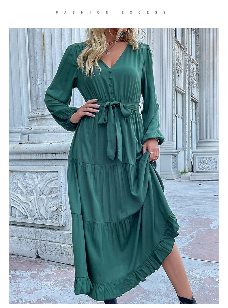 Women's Spring Dresses 2025 Long Sleeve V Neck Button Down Belted A-Line Flowy Ruffle Maxi Shirt Dress Pockets - Seldom Seen Styles
