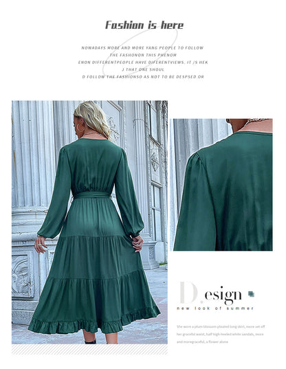 Robes de printemps pour femmes 2025, manches longues, col en V, boutonnée, ceinture, coupe trapèze, fluide, volants, maxi, chemise, poches