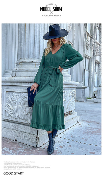 Robes de printemps pour femmes 2025, manches longues, col en V, boutonnée, ceinture, coupe trapèze, fluide, volants, maxi, chemise, poches